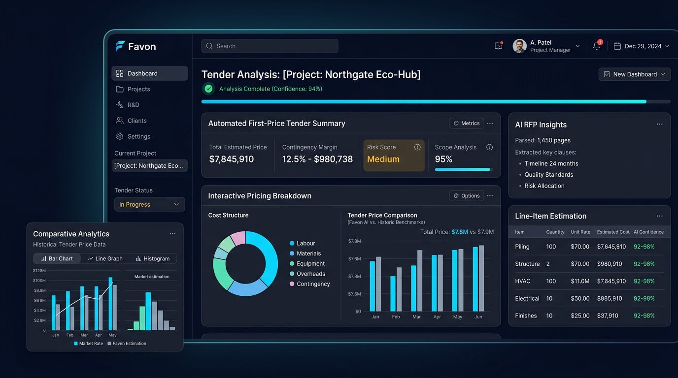 Favon Tender Intelligence AI dashboard and pricing breakdown